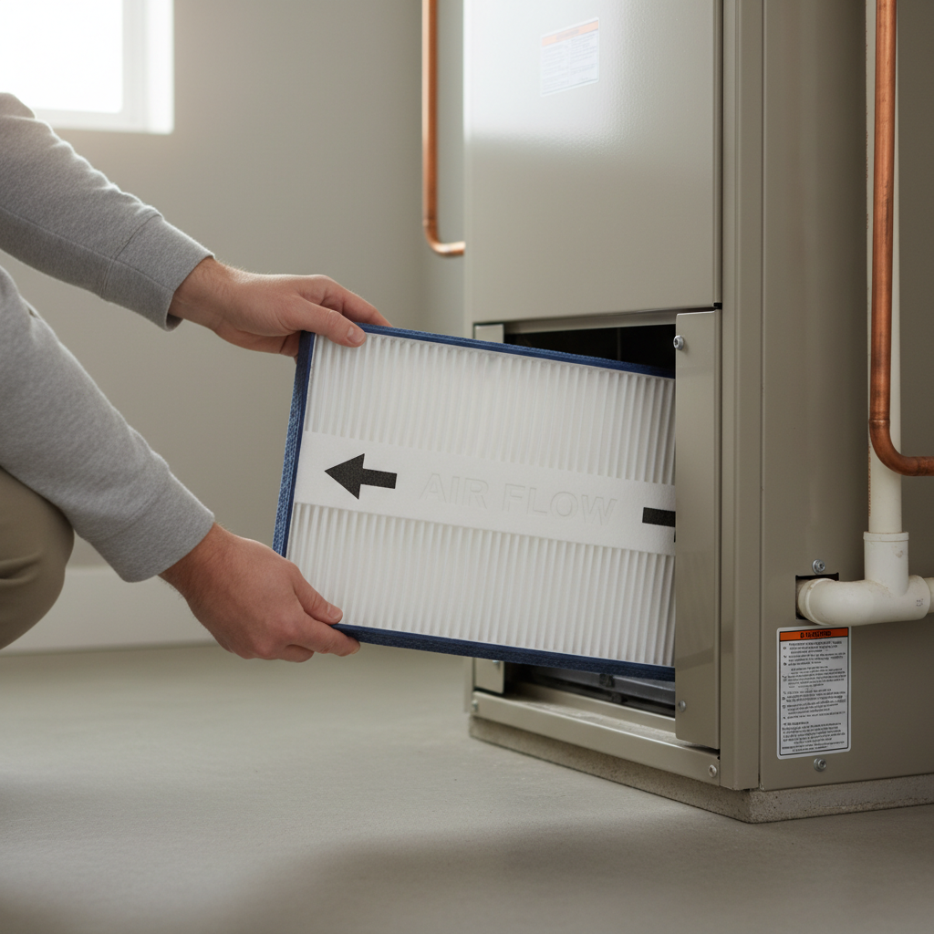 Homeowner installing a new, clean HVAC air filter with a clear airflow arrow pointing towards the furnace.