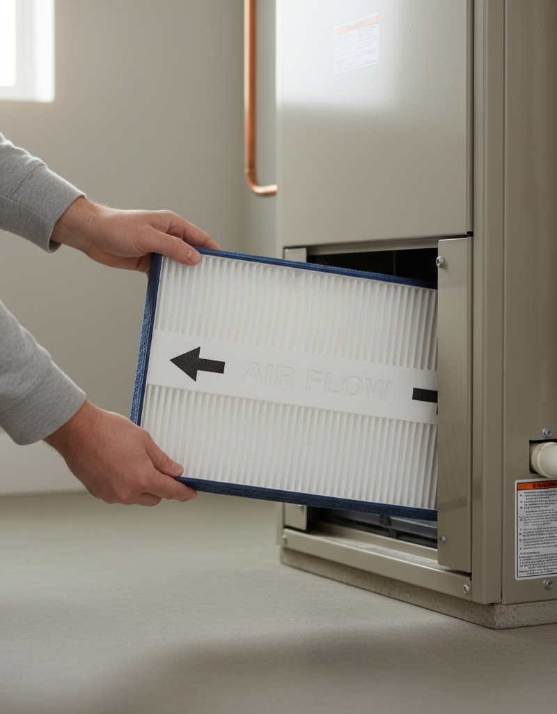 Homeowner installing a new, clean HVAC air filter with a clear airflow arrow pointing towards the furnace.
