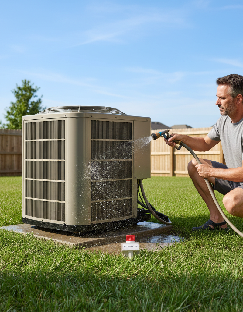 Homeowner cleaning outdoor AC condenser unit with a hose