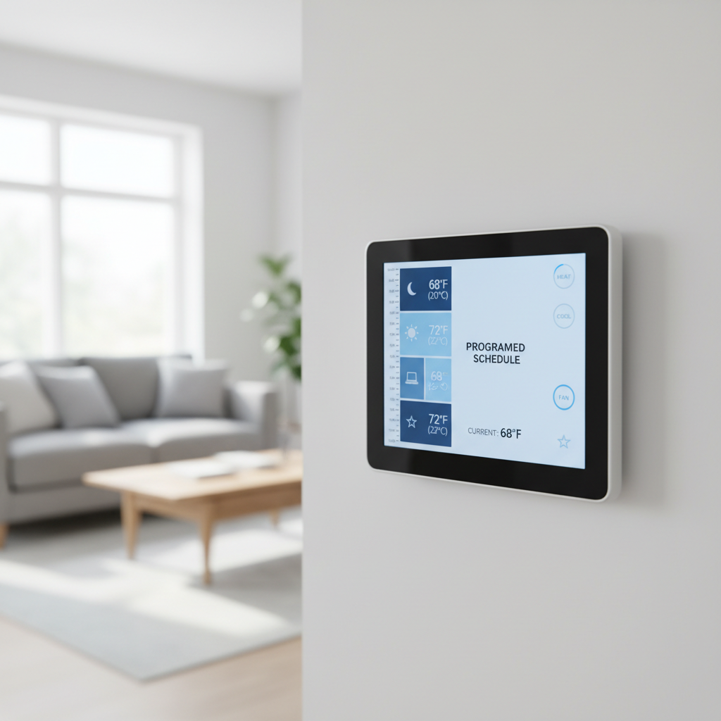 Smart thermostat displaying an energy-saving off-peak cooling schedule.