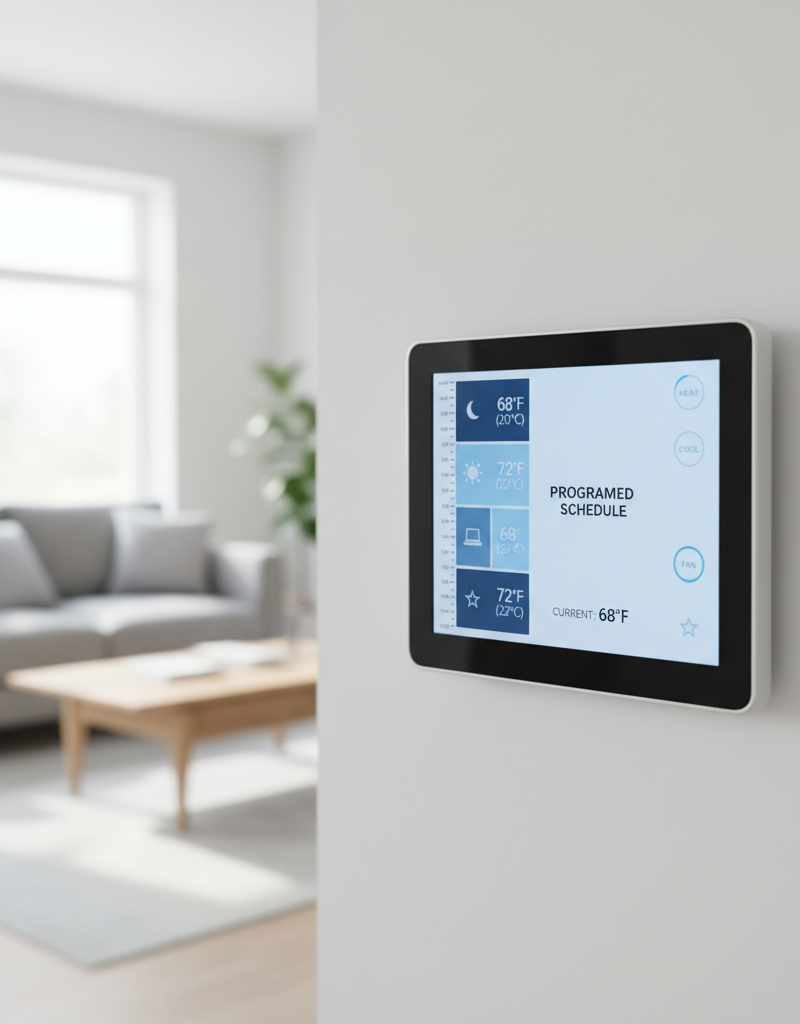 Smart thermostat displaying an energy-saving off-peak cooling schedule.