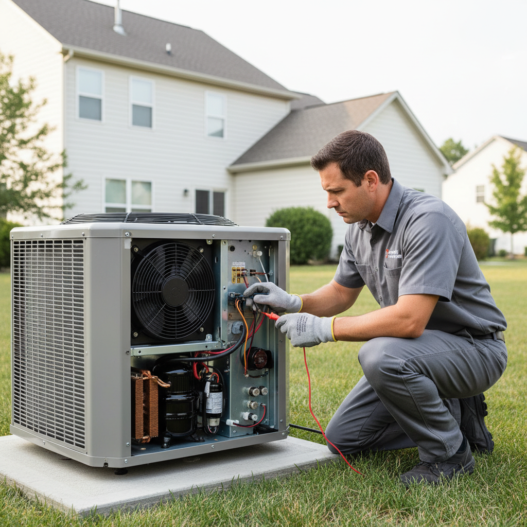 Professional HVAC technician performing a routine inspection on an outdoor air conditioning unit.