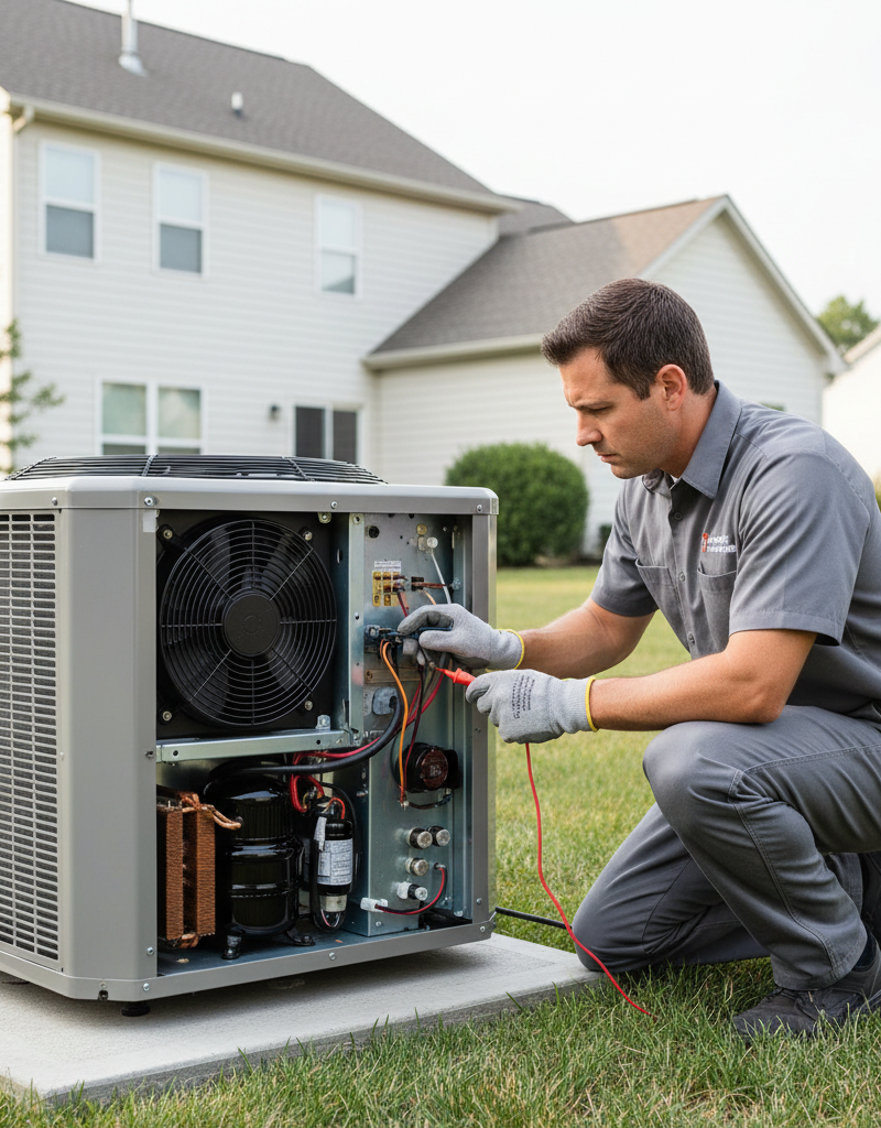 Professional HVAC technician performing a routine inspection on an outdoor air conditioning unit.