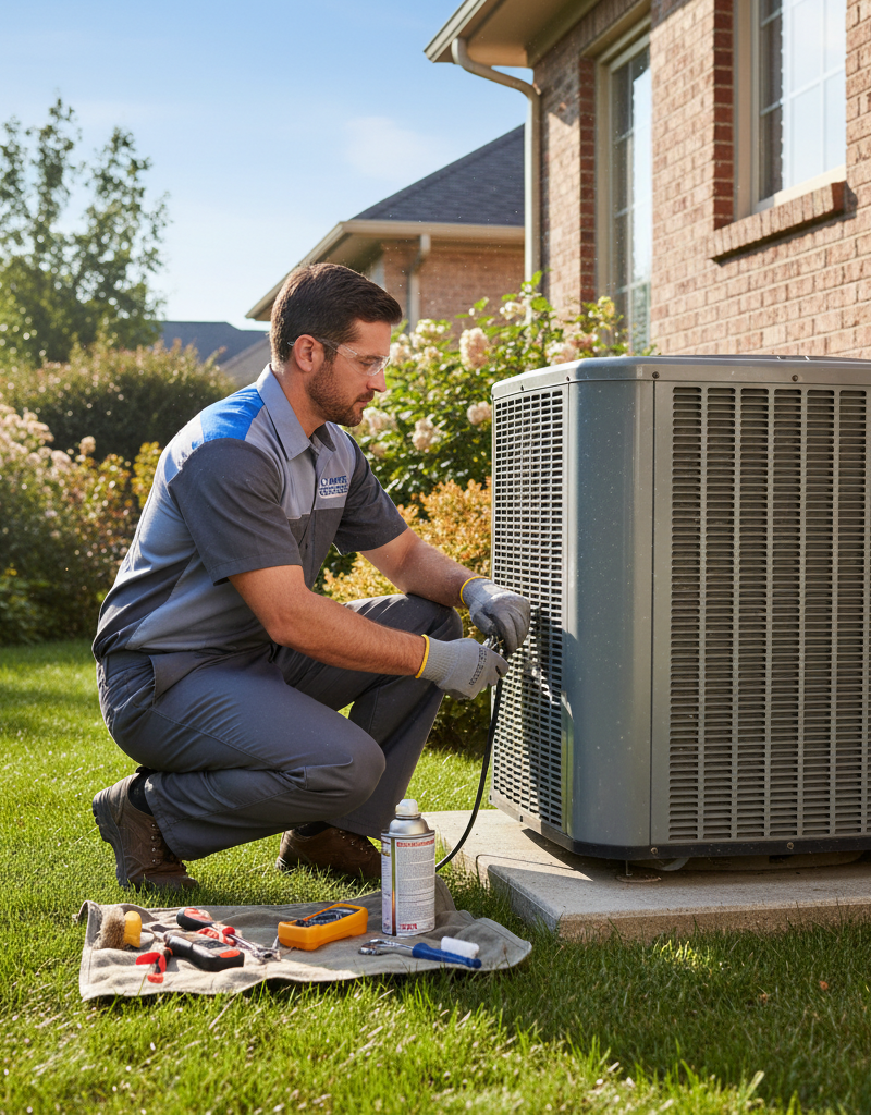 HVAC technician checking outdoor air conditioning unit during routine maintenance