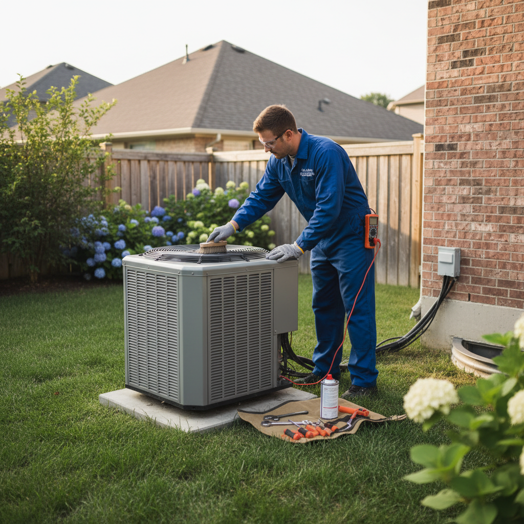HVAC technician performing maintenance on an outdoor condenser unit.