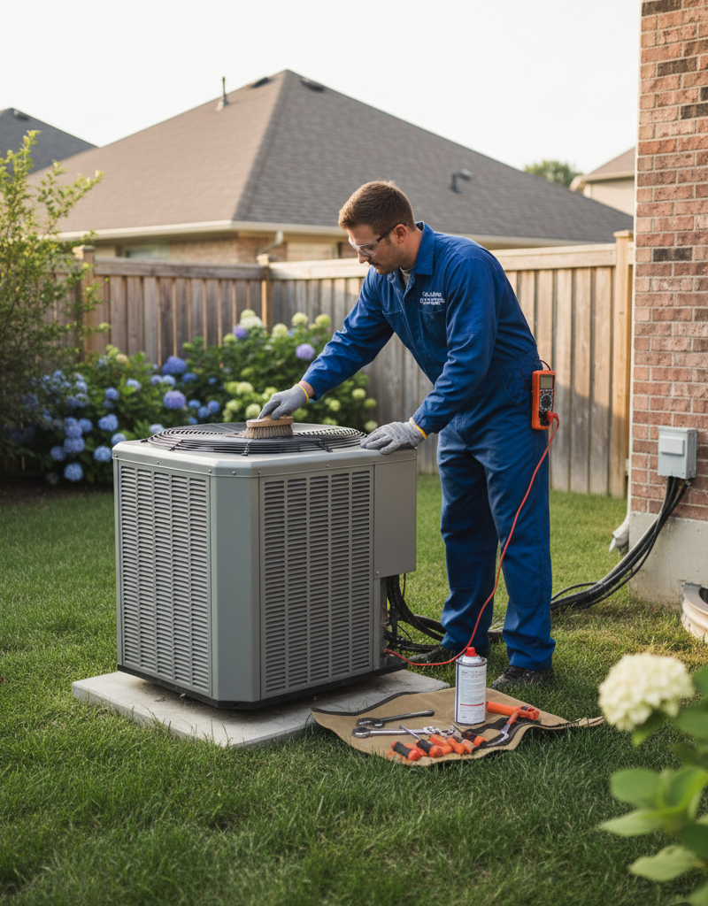 HVAC technician performing maintenance on an outdoor condenser unit.