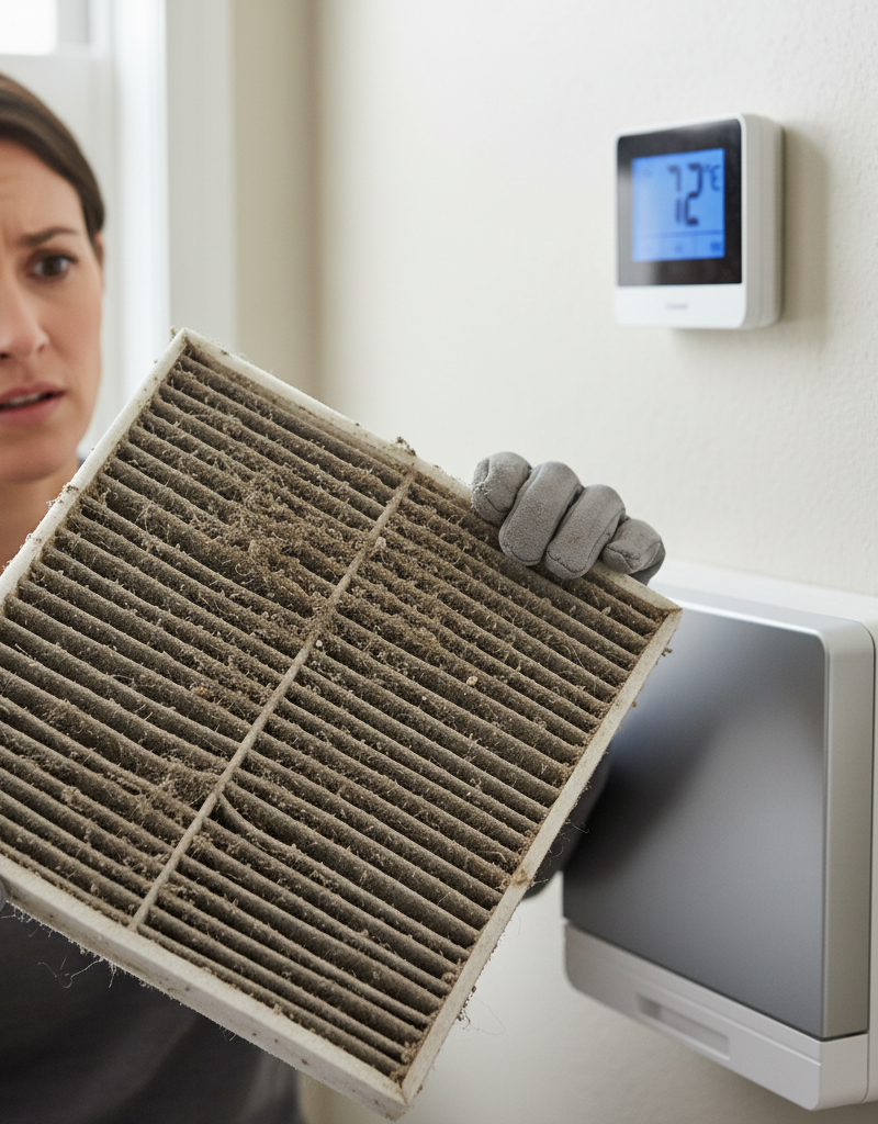 Homeowner inspecting a severely clogged HVAC air filter, highlighting a common cause of short cycling.