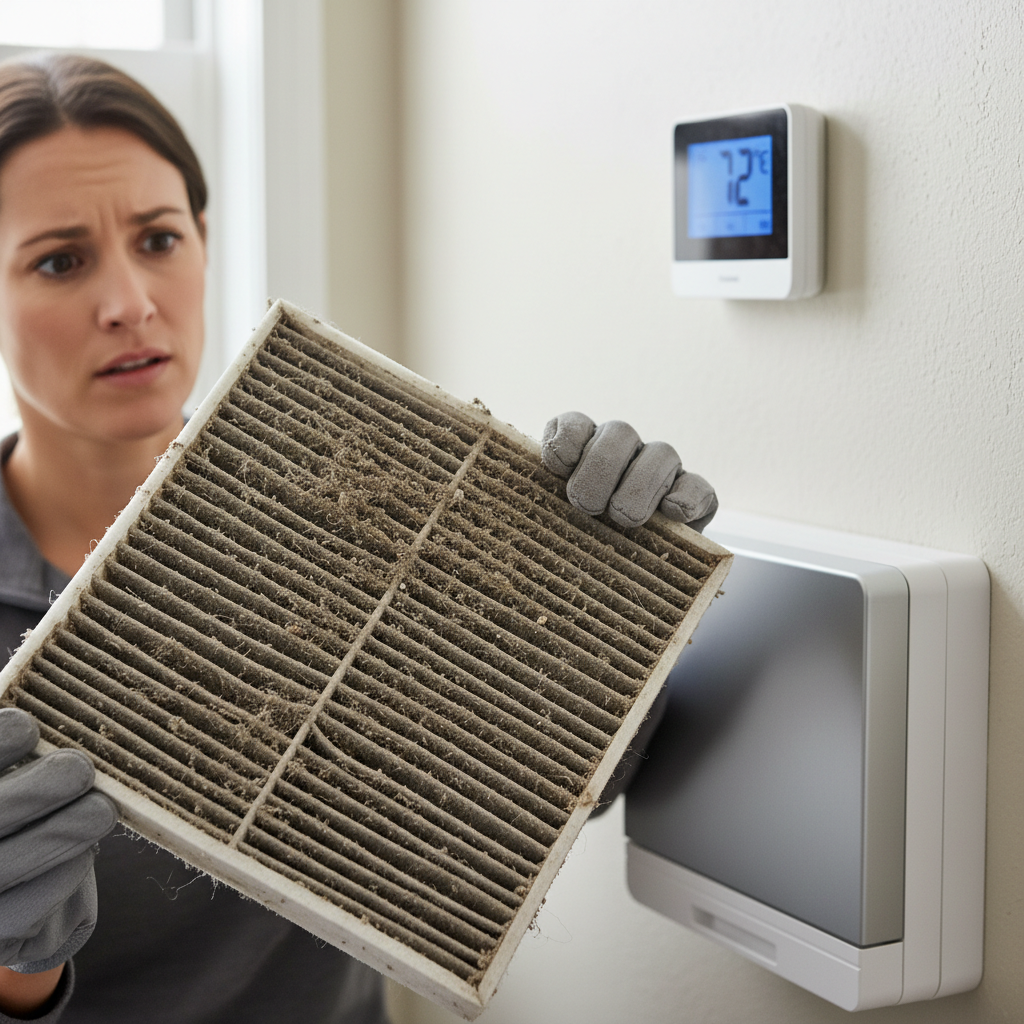 Homeowner inspecting a severely clogged HVAC air filter, highlighting a common cause of short cycling.
