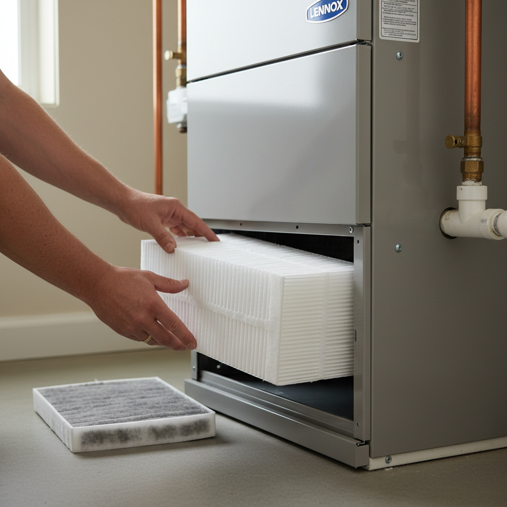 Homeowner installing a new, clean air filter into a residential furnace for HVAC maintenance