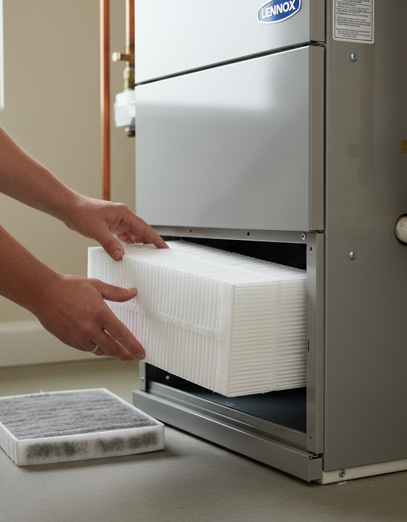 Homeowner installing a new, clean air filter into a residential furnace for HVAC maintenance