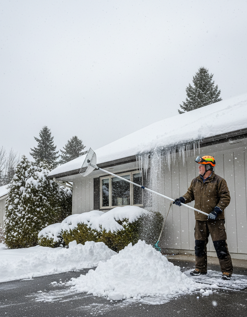 Homeowner safely removing snow from roof with a roof rake to prevent ice dams.