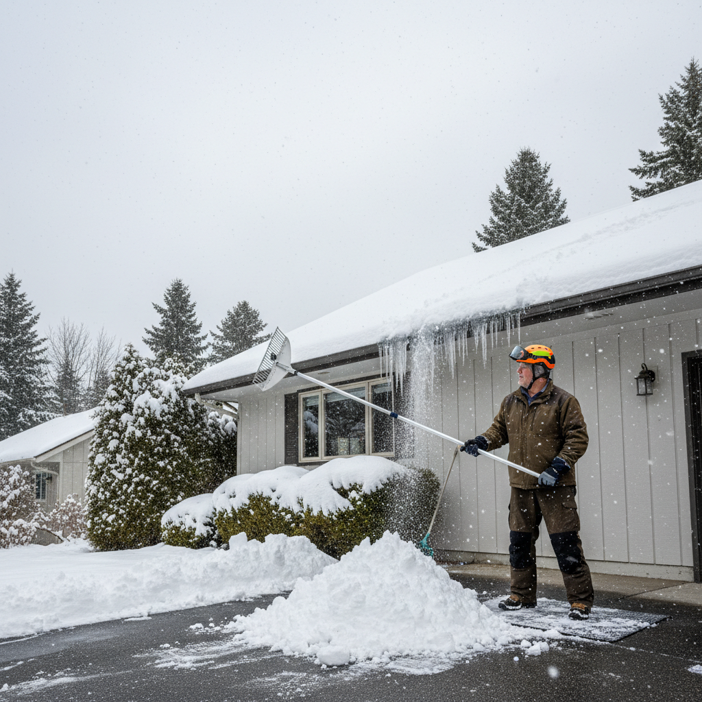 Homeowner safely removing snow from roof with a roof rake to prevent ice dams.