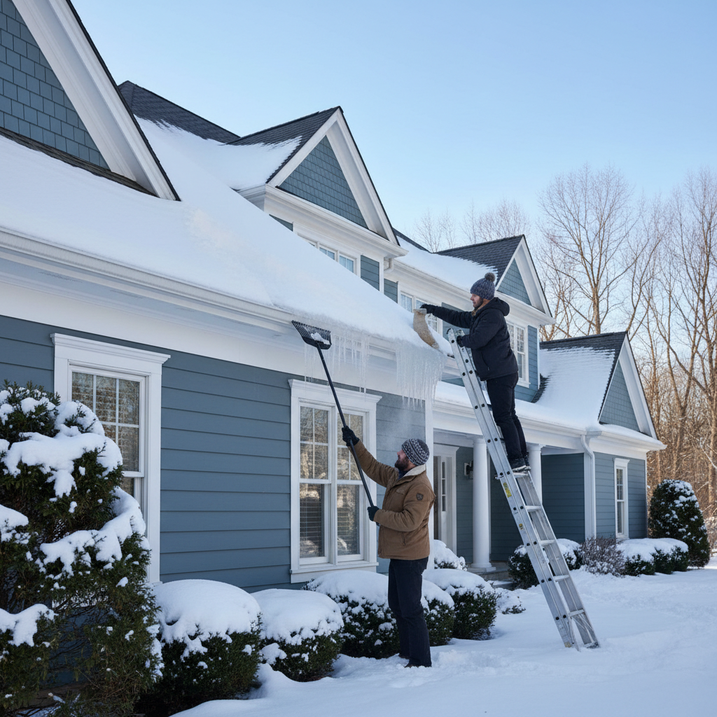 Homeowner safely removing snow with a roof rake and applying calcium chloride socks to an ice dam on a roof.