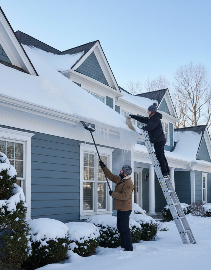 Homeowner safely removing snow with a roof rake and applying calcium chloride socks to an ice dam on a roof.