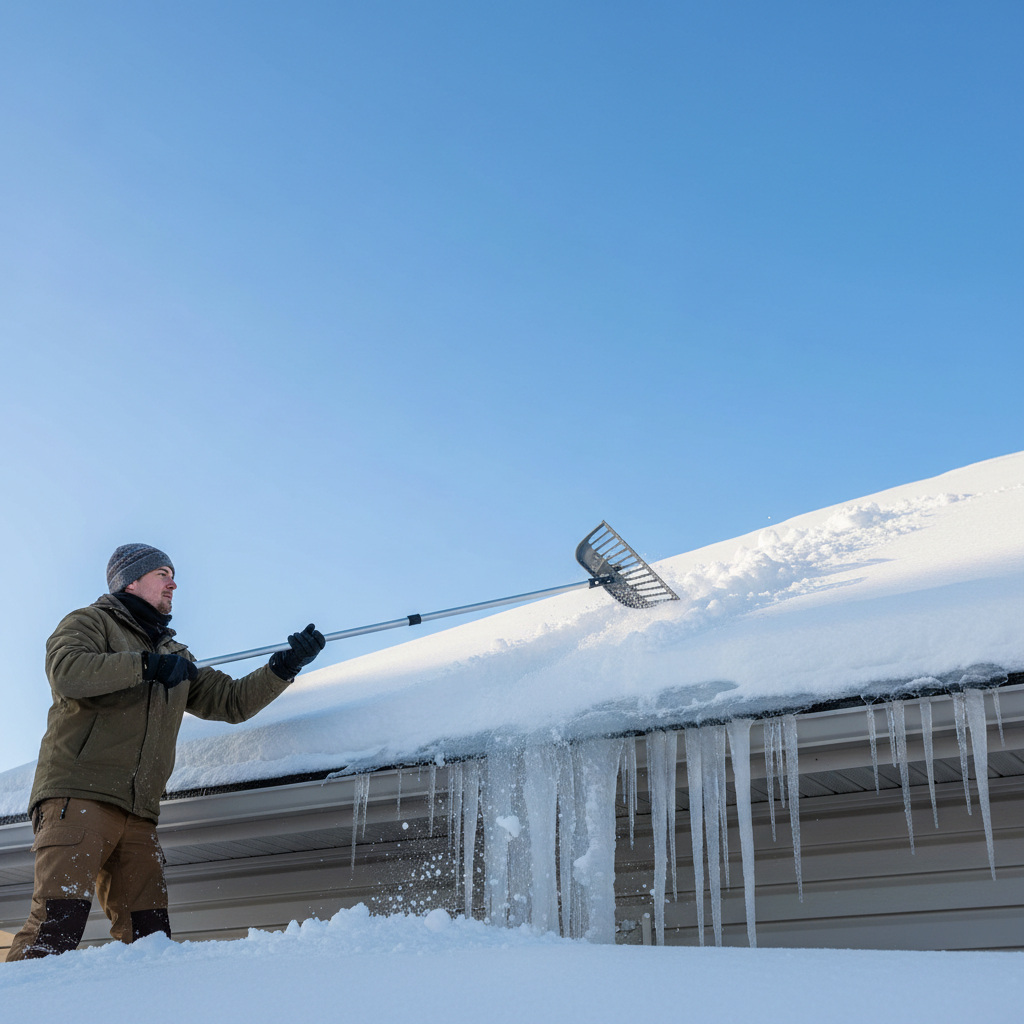 Homeowner safely using a long-handled roof rake to remove snow above an ice dam on a residential roof.