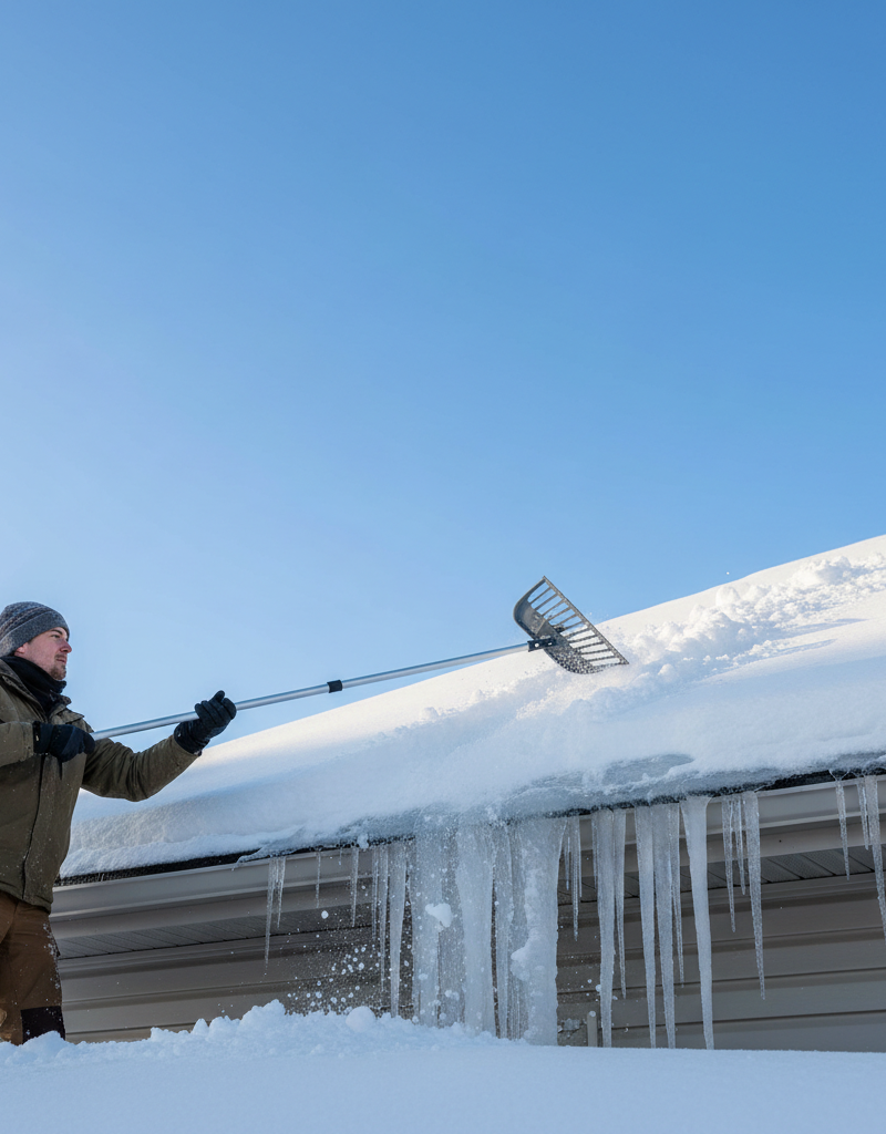Homeowner safely using a long-handled roof rake to remove snow above an ice dam on a residential roof.
