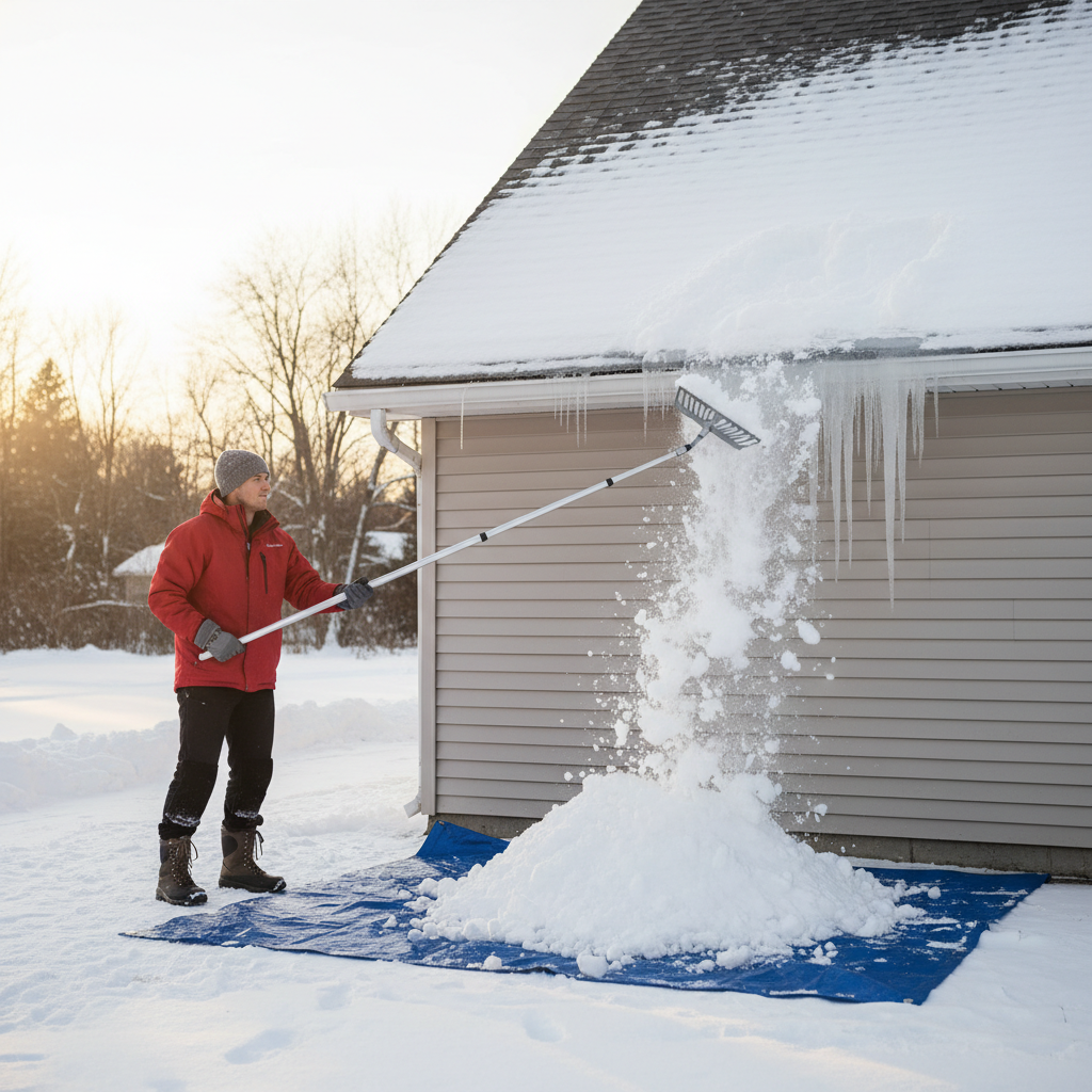 Homeowner safely removing snow from a roof with a roof rake to prevent ice dams.