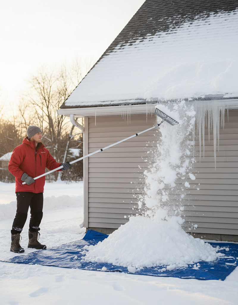 Homeowner safely removing snow from a roof with a roof rake to prevent ice dams.
