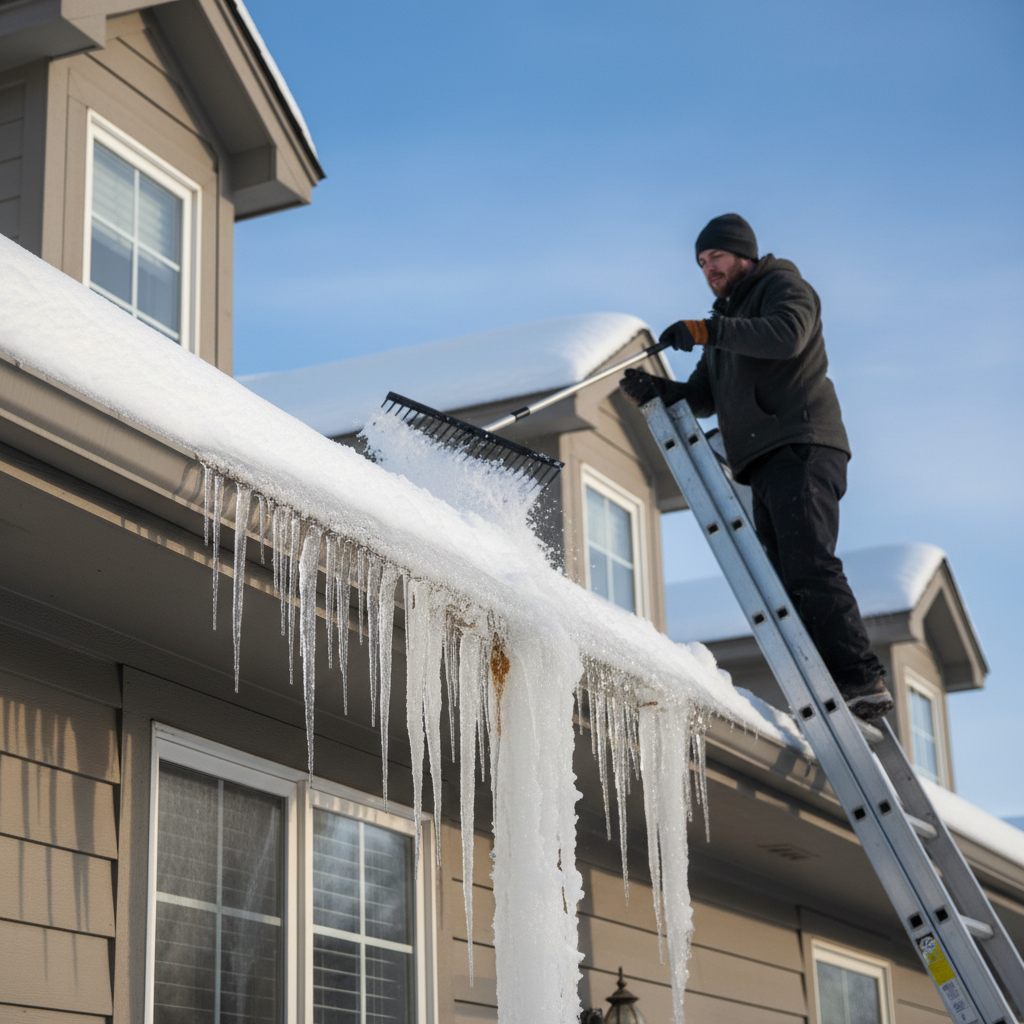 Homeowner safely removing an ice dam from roof eaves with a roof rake on a snowy winter day.