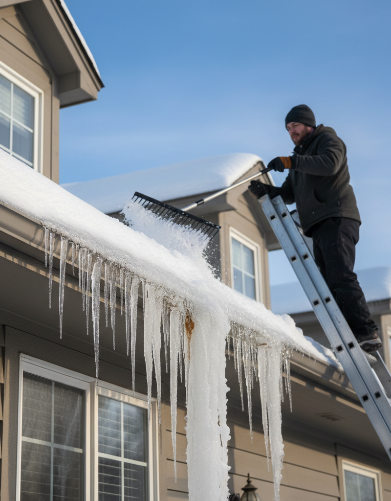 Homeowner safely removing an ice dam from roof eaves with a roof rake on a snowy winter day.