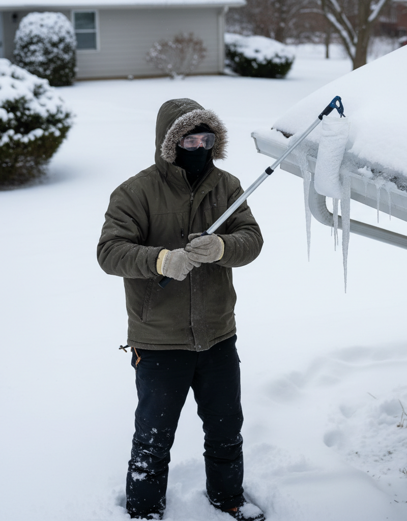 Homeowner safely placing an ice melt sock on an ice dam using an extension pole from the ground.