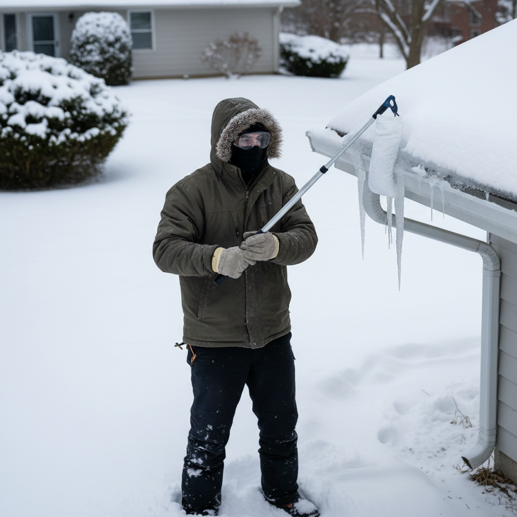 Homeowner safely placing an ice melt sock on an ice dam using an extension pole from the ground.