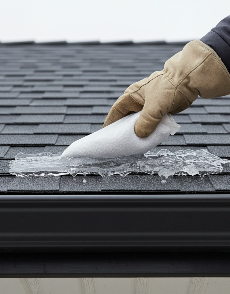 Gloved hand placing ice melt sock on ice dam at roof edge