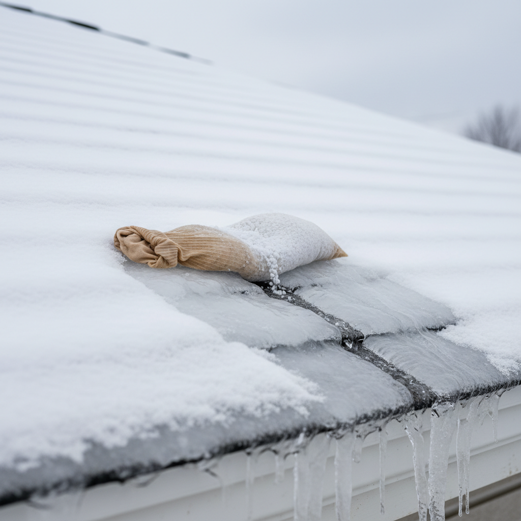Calcium chloride in pantyhose melting a channel through a roof ice dam