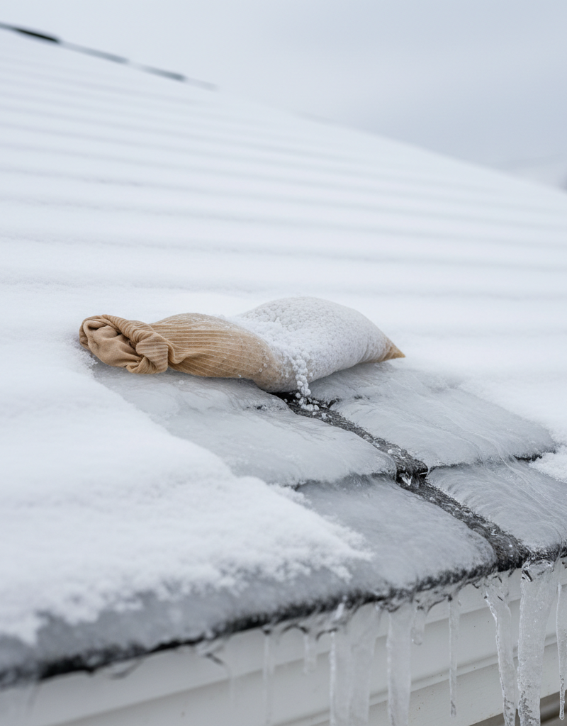 Calcium chloride in pantyhose melting a channel through a roof ice dam