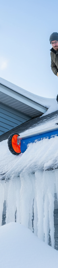 Homeowner safely removing snow from a roof edge with an ice dam visible using a long-handled roof rake.