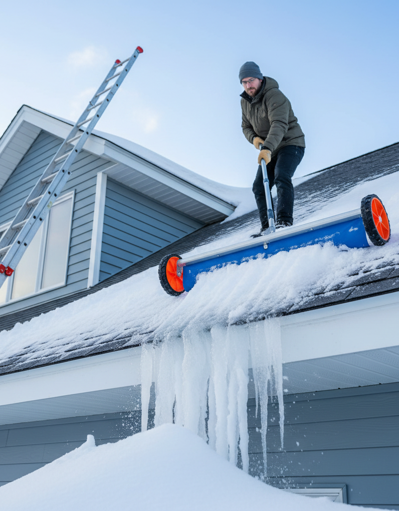 Homeowner safely removing snow from a roof edge with an ice dam visible using a long-handled roof rake.