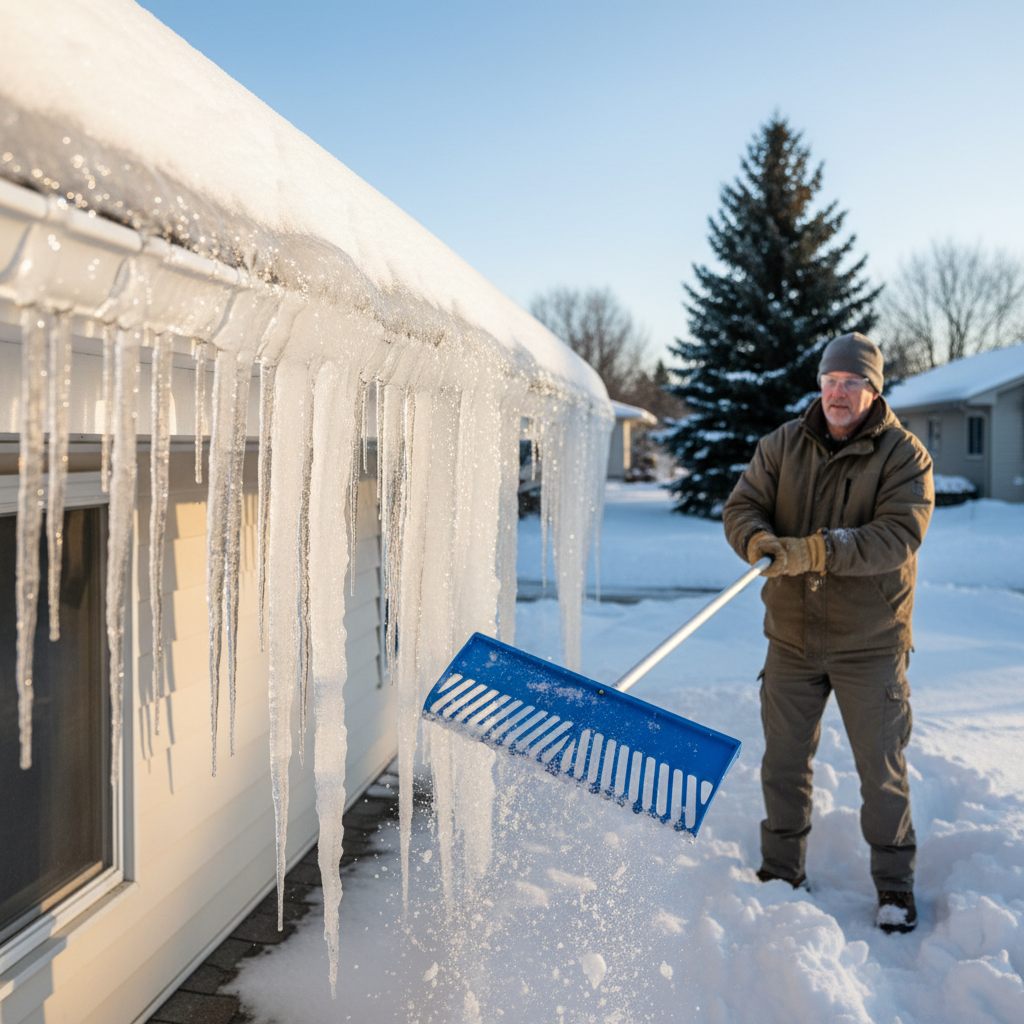 Homeowner safely removing snow from roof edge with a long-handled roof rake to prevent ice dams.
