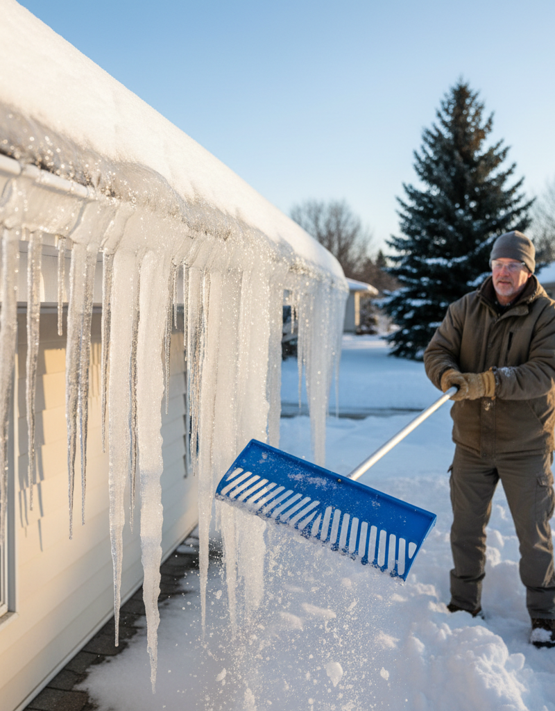 Homeowner safely removing snow from roof edge with a long-handled roof rake to prevent ice dams.