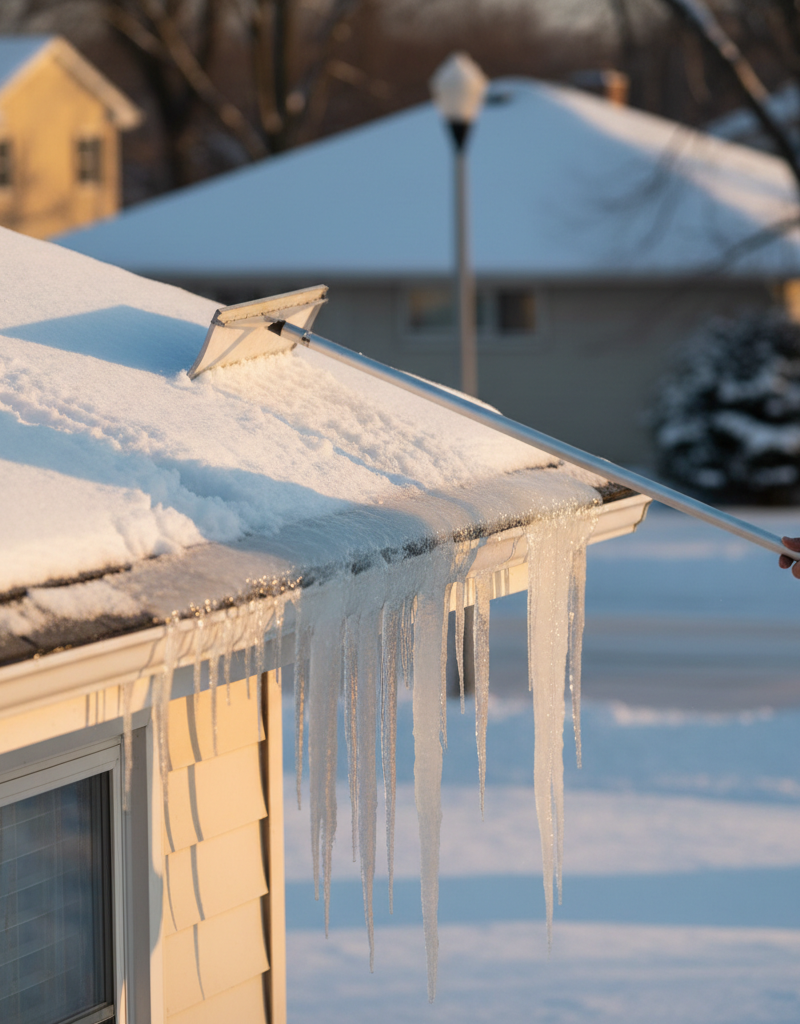 Homeowner safely removing snow from above an ice dam with a roof rake