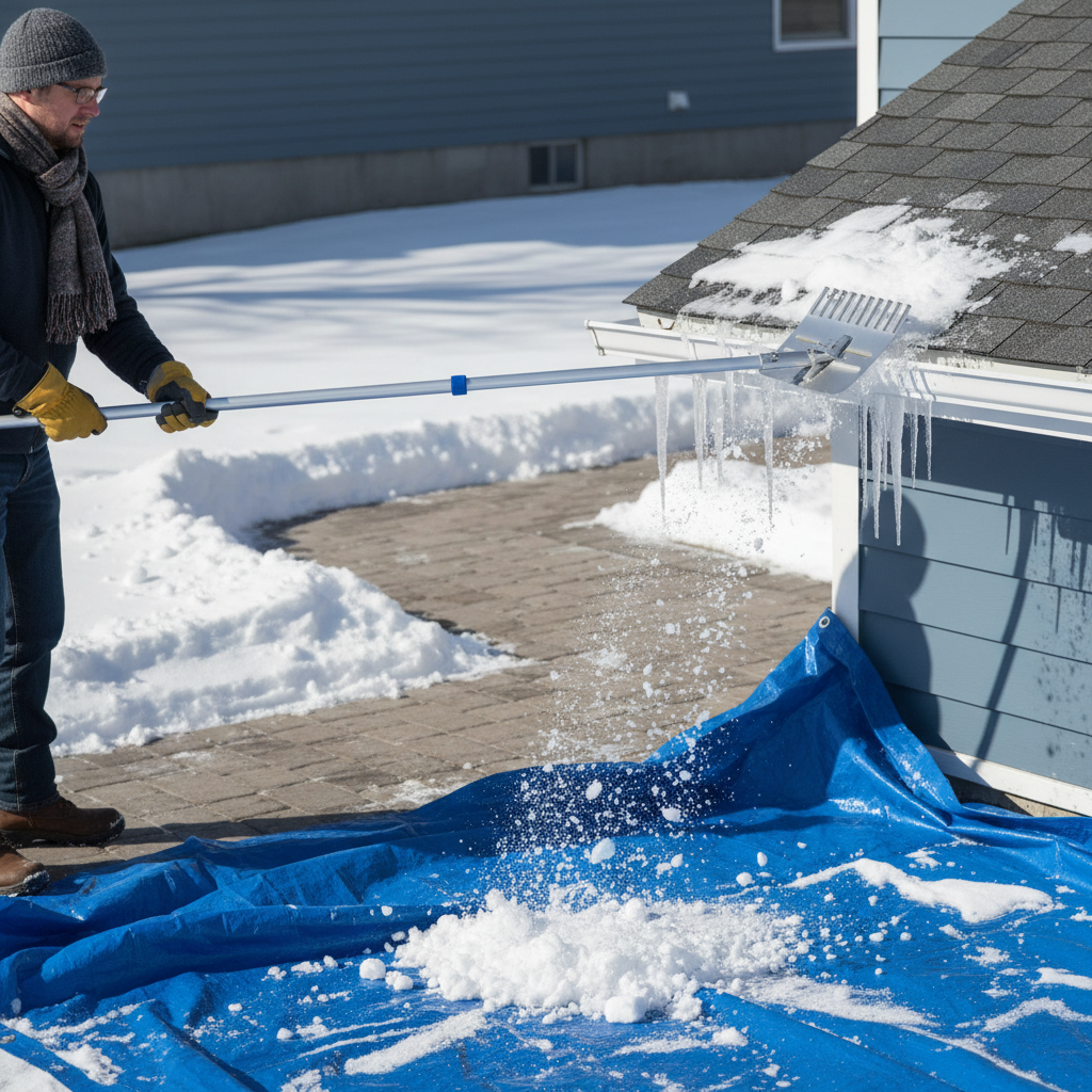 Homeowner safely removing snow from a roof with a long-handled roof rake to prevent ice dams.
