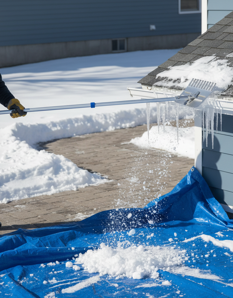 Homeowner safely removing snow from a roof with a long-handled roof rake to prevent ice dams.