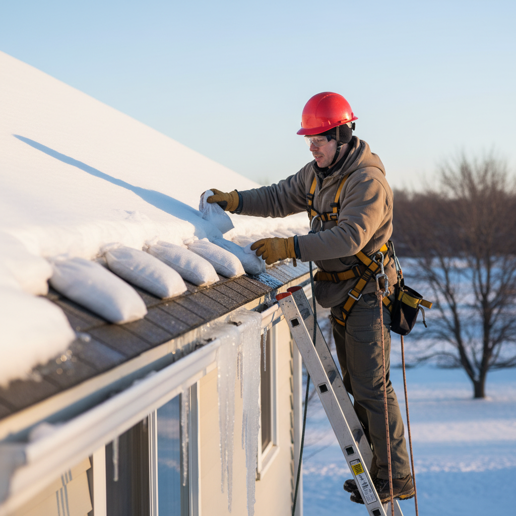 Homeowner safely melting a roof ice dam with calcium chloride socks from a ladder.