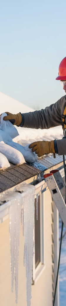 Homeowner safely melting a roof ice dam with calcium chloride socks from a ladder.
