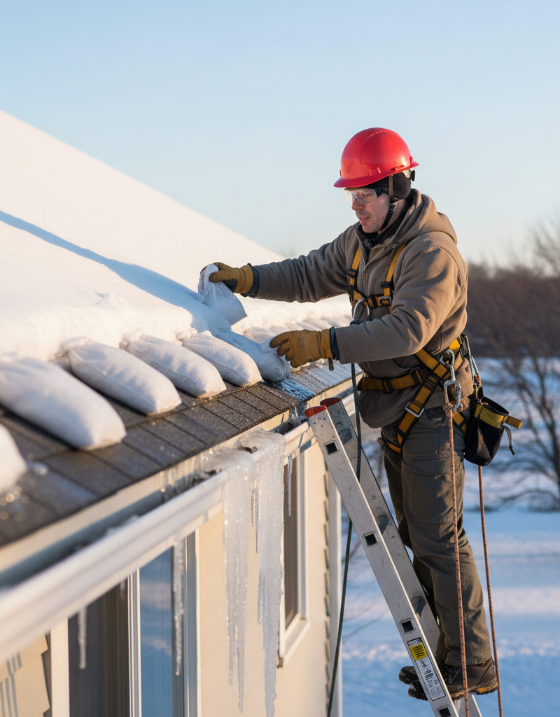 Homeowner safely melting a roof ice dam with calcium chloride socks from a ladder.