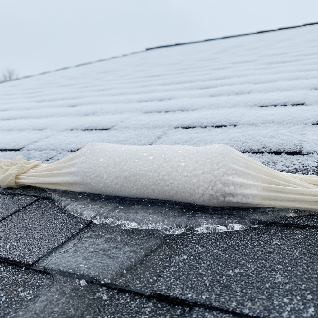 Nylon stocking filled with calcium chloride ice melt placed on an ice dam on a roof