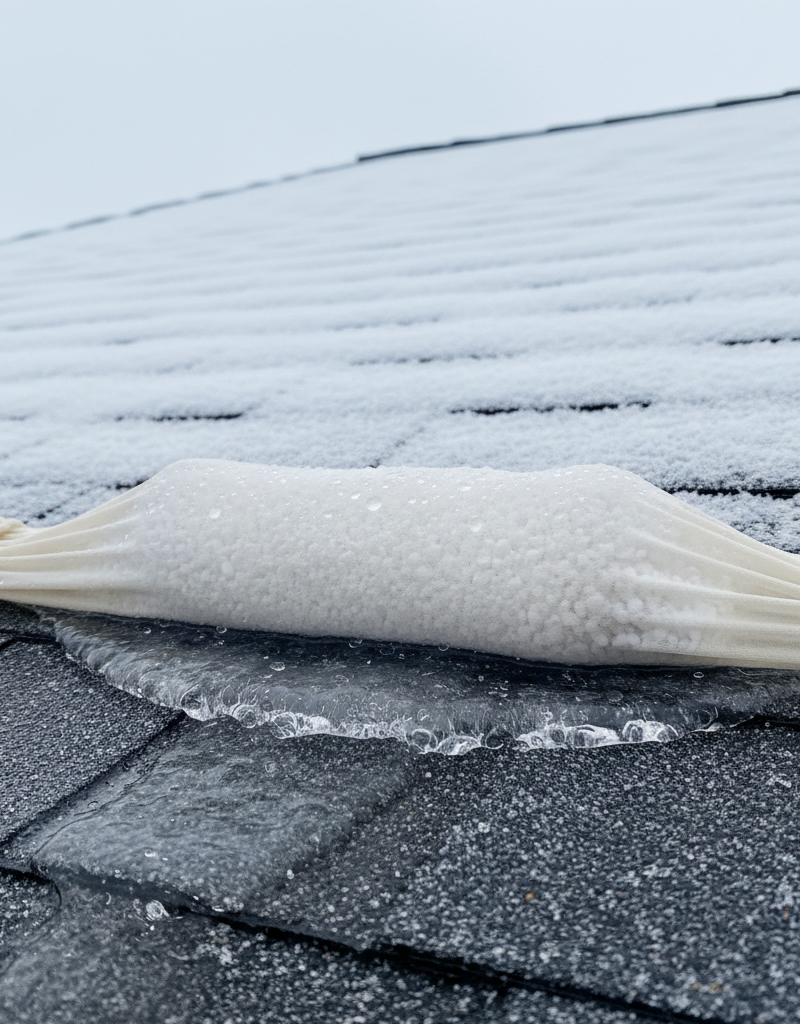 Nylon stocking filled with calcium chloride ice melt placed on an ice dam on a roof