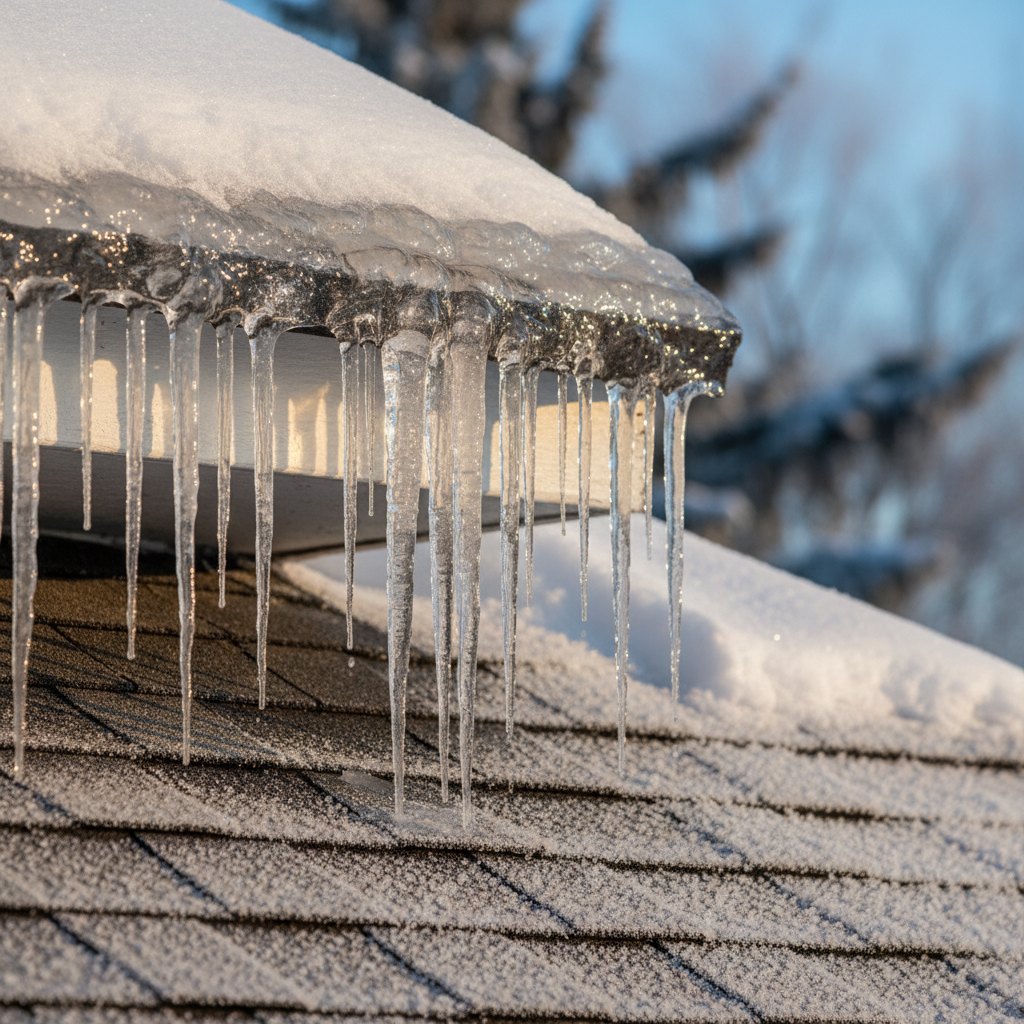 Large ice dam clinging to the edge of a snow-covered shingle roof.