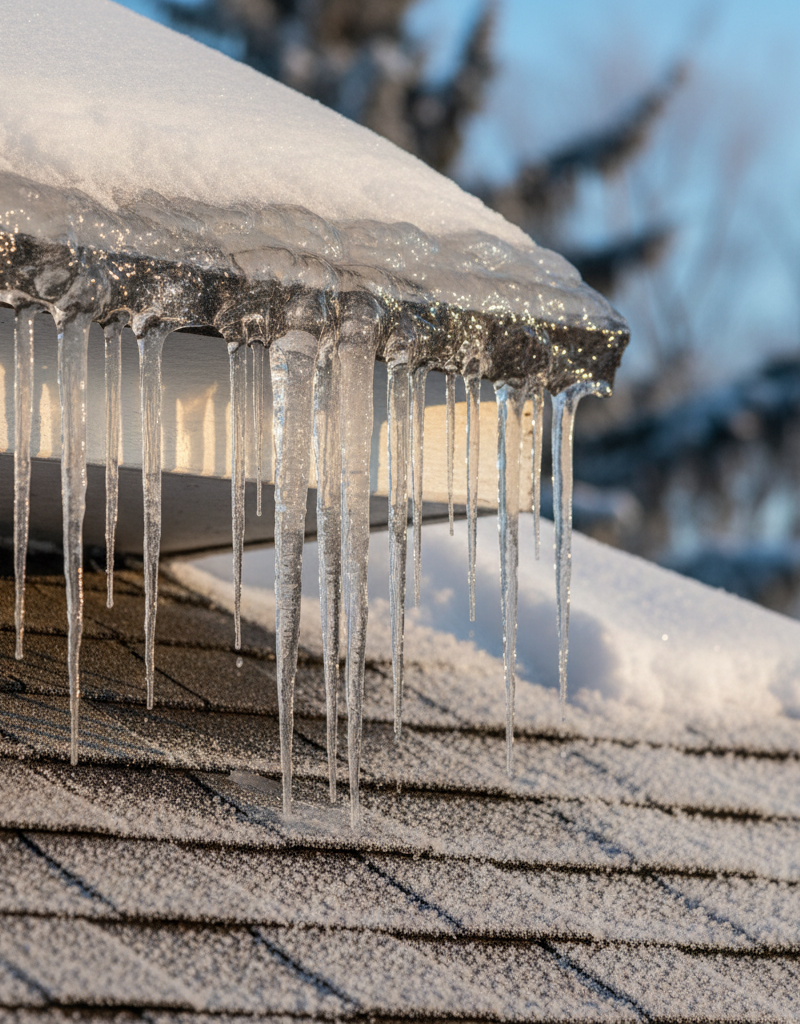 Large ice dam clinging to the edge of a snow-covered shingle roof.