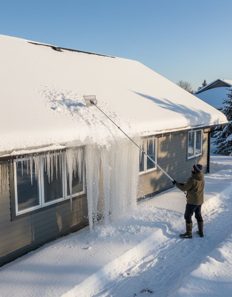 Homeowner safely removing snow from a roof with a roof rake to prevent ice dams.