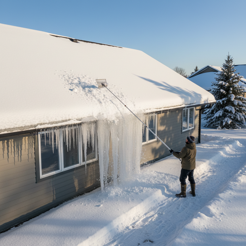 Homeowner safely removing snow from a roof with a roof rake to prevent ice dams.