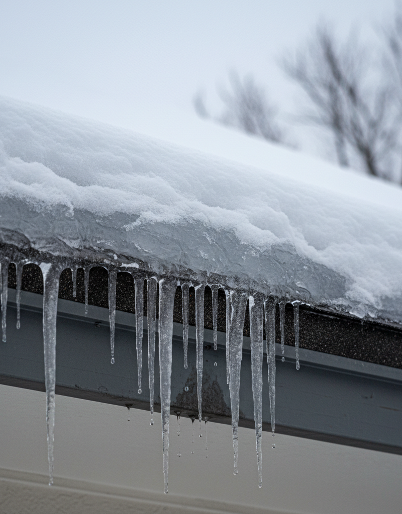 Large ice dam with icicles damaging a home's roof edge and gutters
