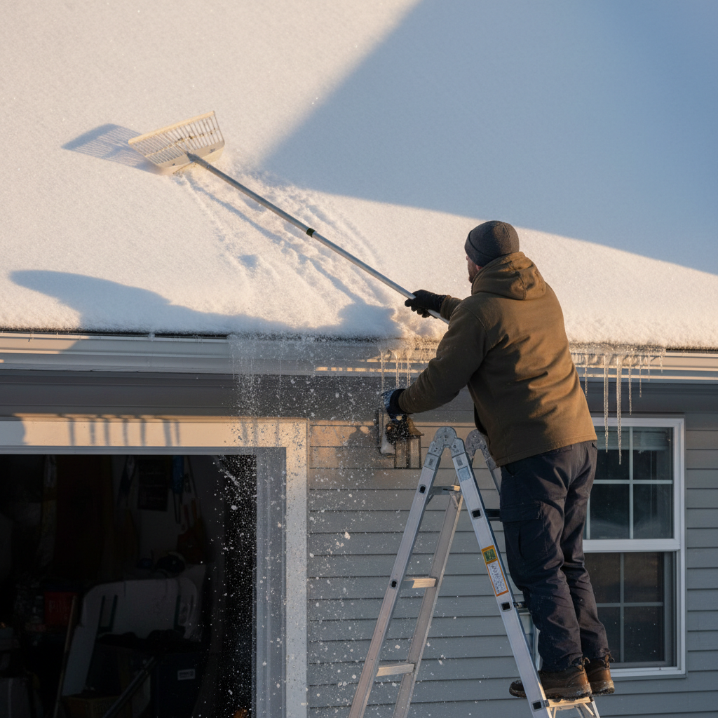 Homeowner safely removing fresh snow from a roof with a roof rake to prevent ice dams.