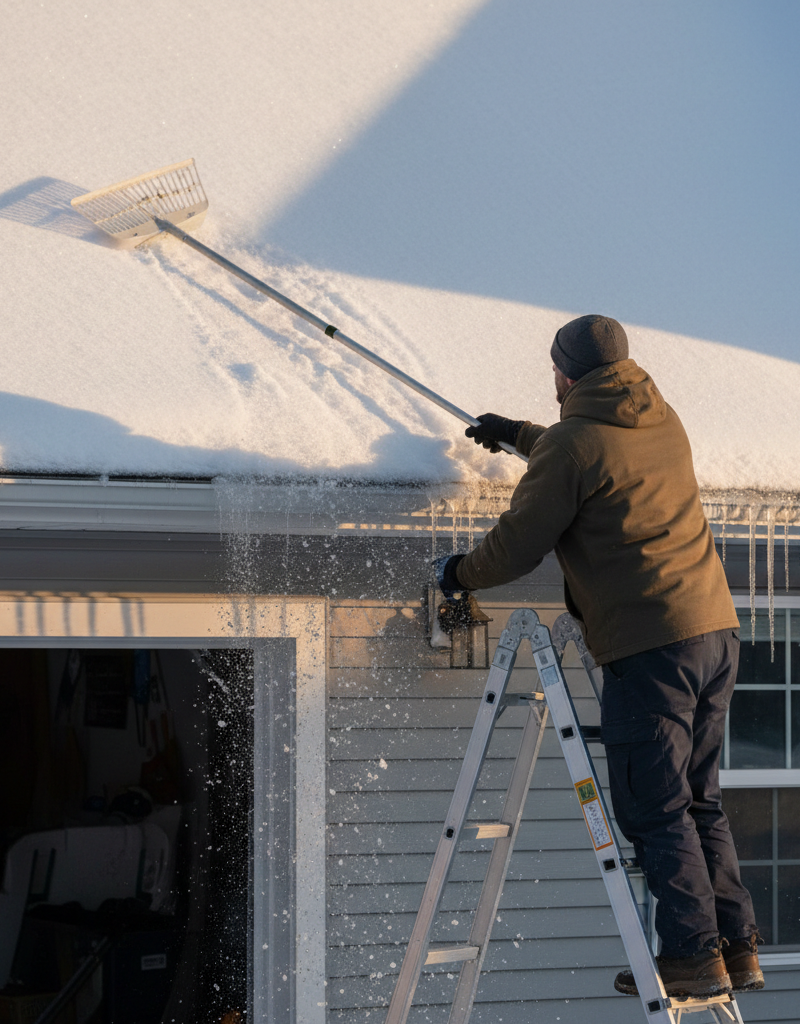 Homeowner safely removing fresh snow from a roof with a roof rake to prevent ice dams.