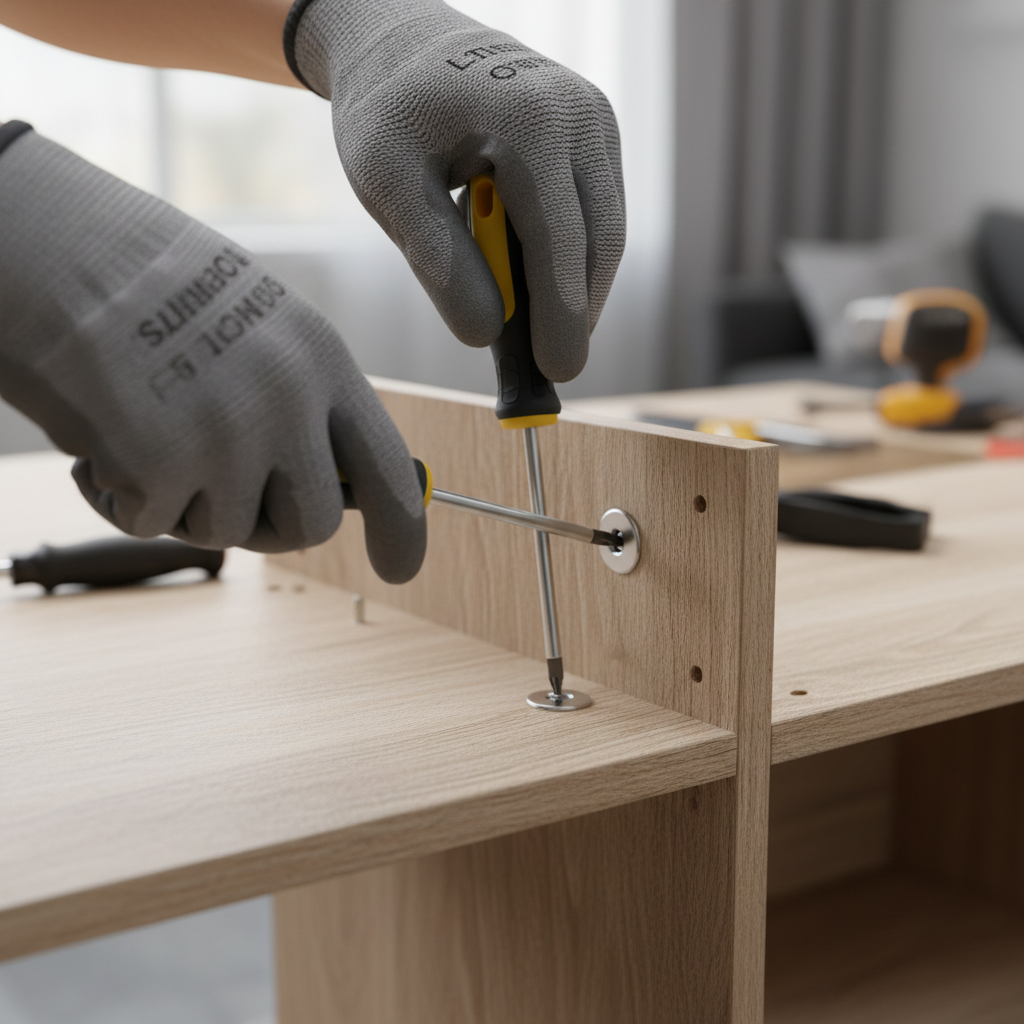 Hands tightening a cam lock on a wobbly IKEA shelf with a screwdriver to stabilize it.