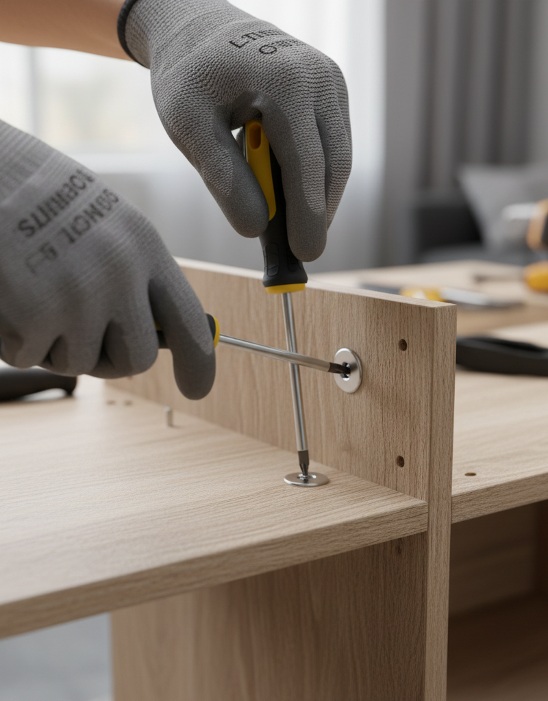 Hands tightening a cam lock on a wobbly IKEA shelf with a screwdriver to stabilize it.